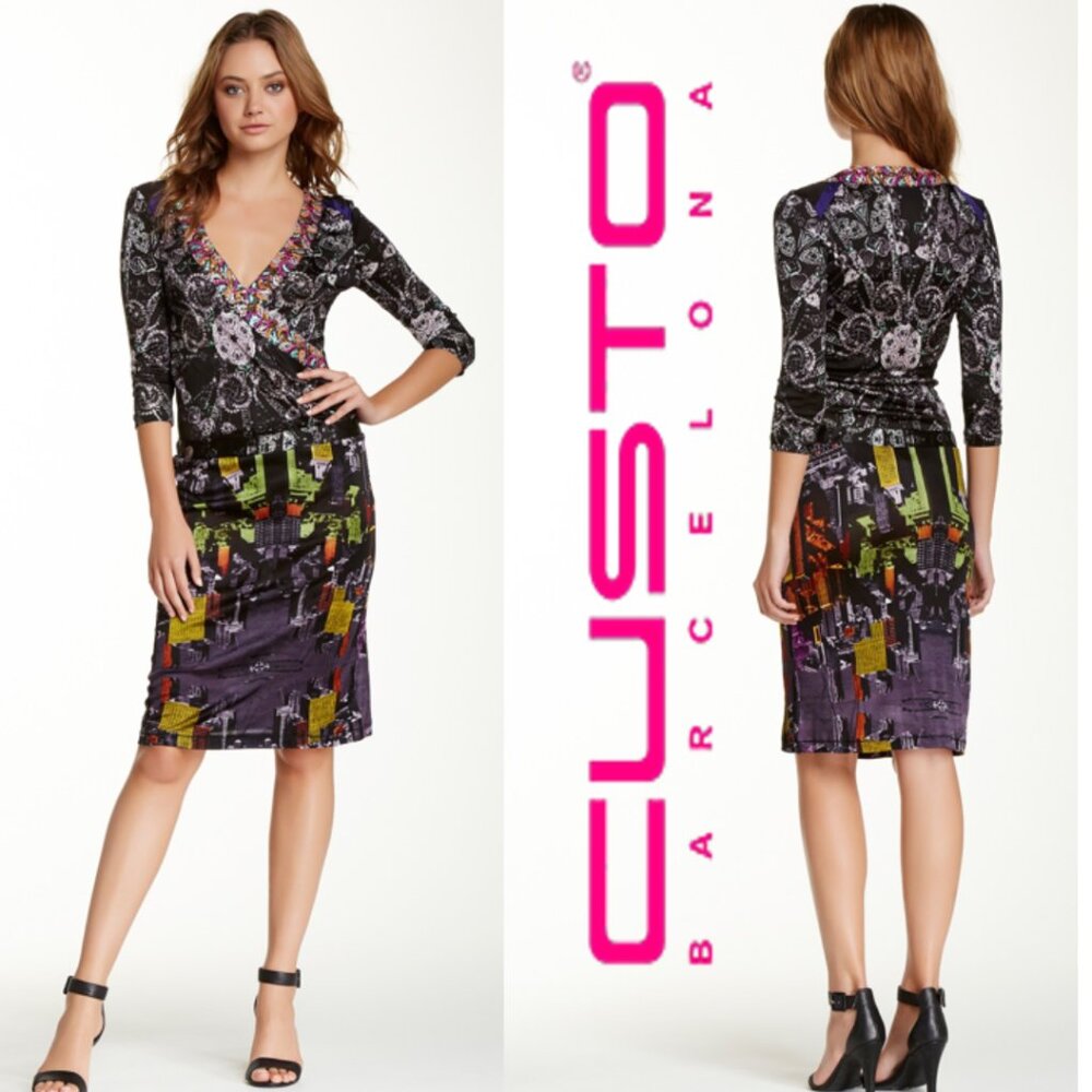Custo Barcelona Black Multicolor Embroidered Surplice Neck Midi Dress